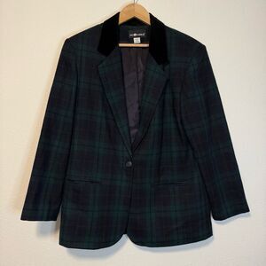 Vintage Sag Harbor Velvet Trim Green Tartan Plaid Wool Blazer Size 14